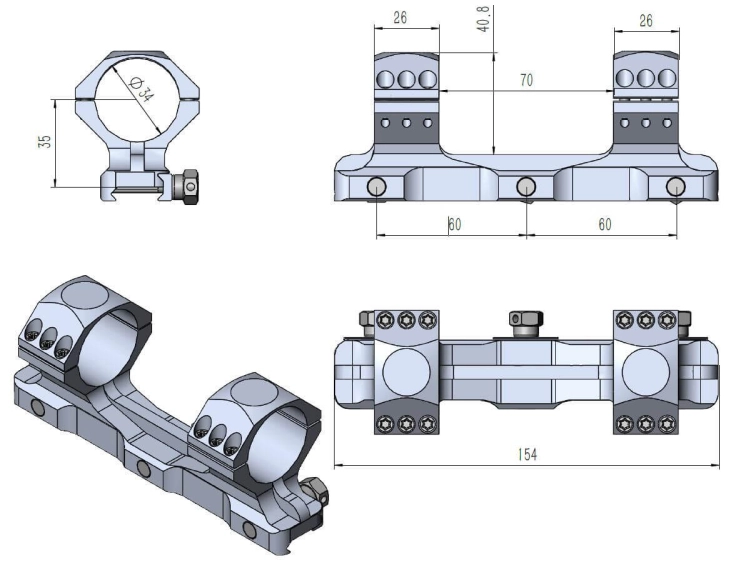 Montaż Vector Optics X-ACCU jednoczęściowy 34 mm na szyny Picatinny średni SCTM-60