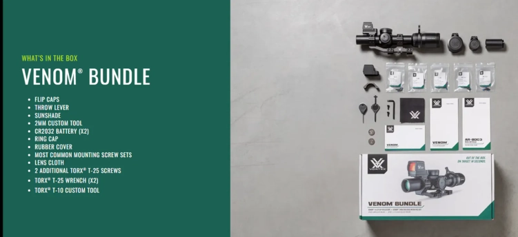 Zestaw Vortex AR luneta celownicza Vortex Venom 1-6x24 30 mm AR-BDC3 MOA + kolimator Vortex Venom 3 MOA + montaż Vortex Sport Cantilever 30 mm + montaż pod kolimator