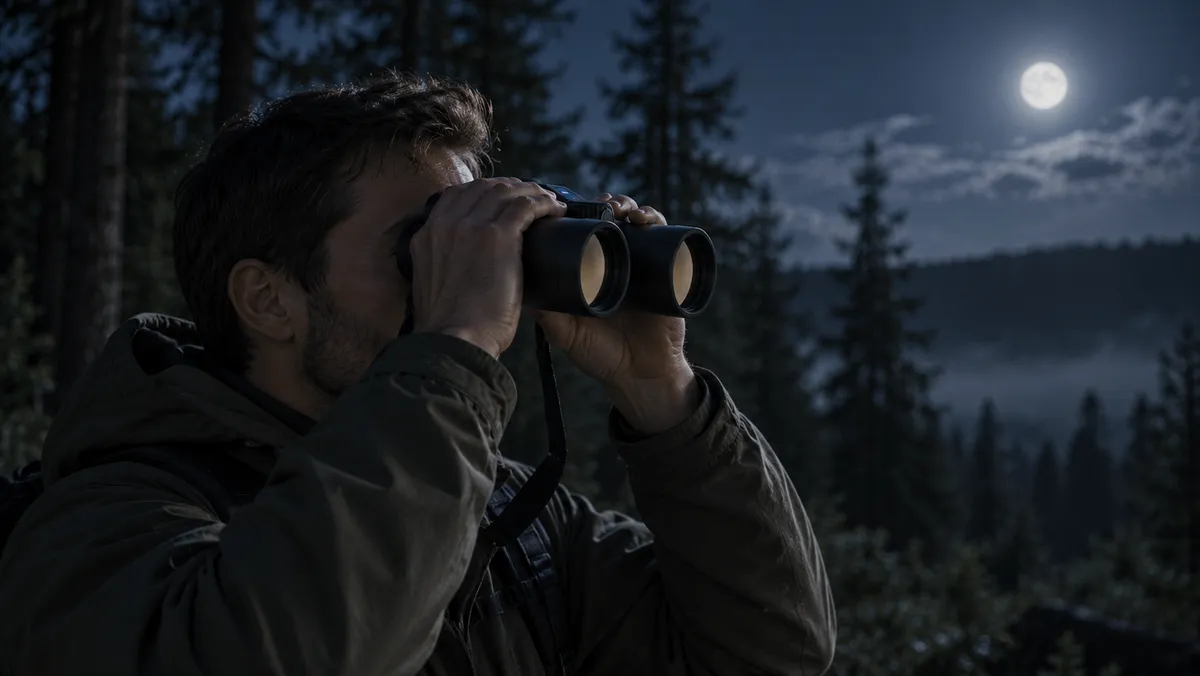 Mężczyzna obserwujący las nocą przez lornetke Zeiss